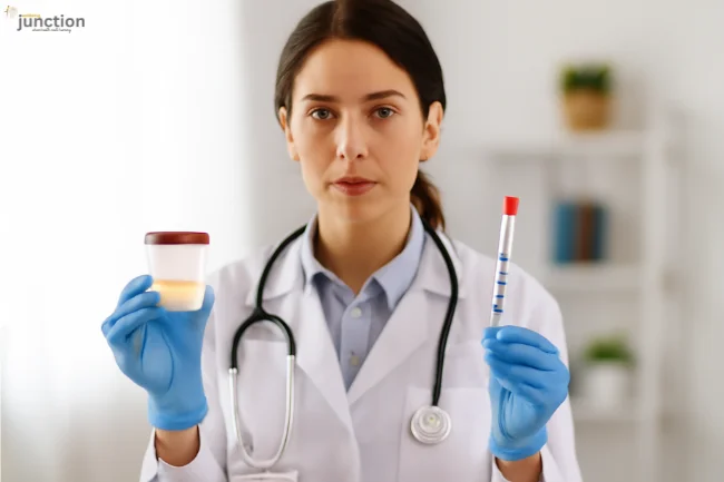 Female doctor holding an STD test kit, emphasizing the importance of testing for sexual health.