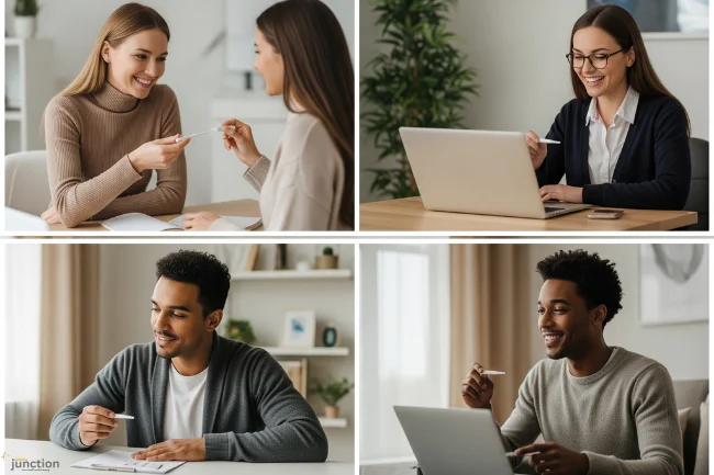 Collage of people using an at-home STD Test kit in a relaxed home environment, highlighting convenience and privacy.