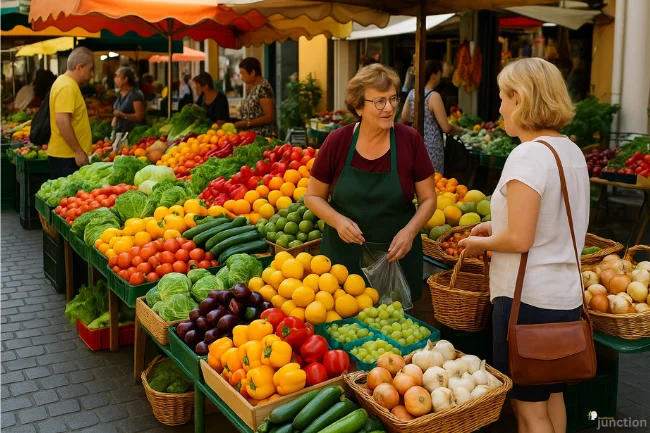 Sodziu local market with colorful fruits and vegetables on display and people shopping.