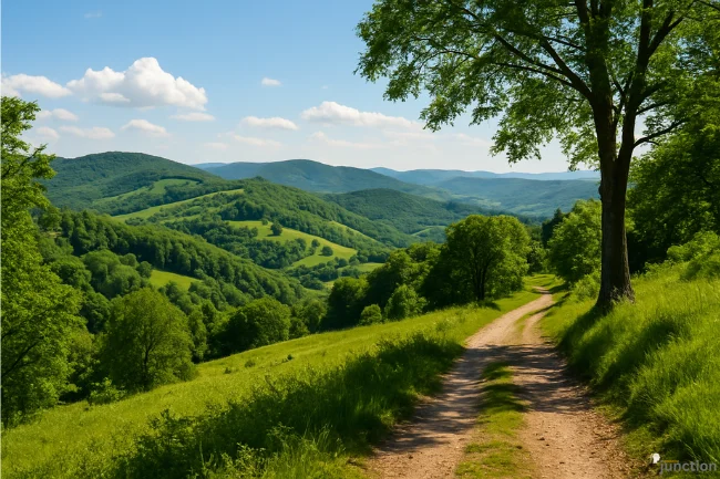 Scenic walking trail with rolling green hills and nature views near Sodziu, showcasing the peaceful landscape.