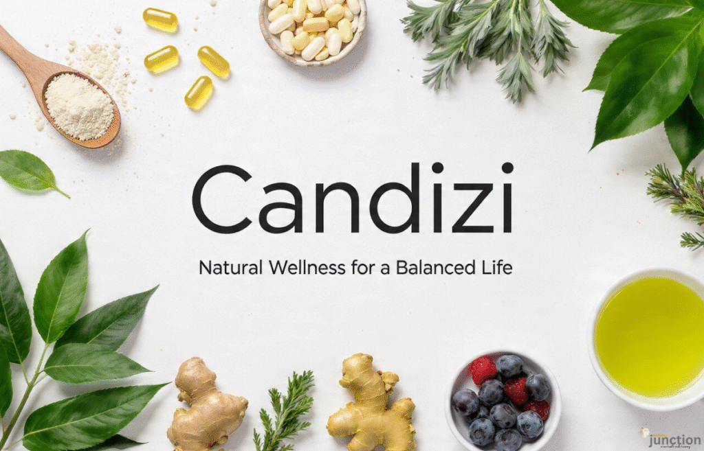 Candizi natural wellness supplement with herbs, capsules, and healthy ingredients on a clean white background.