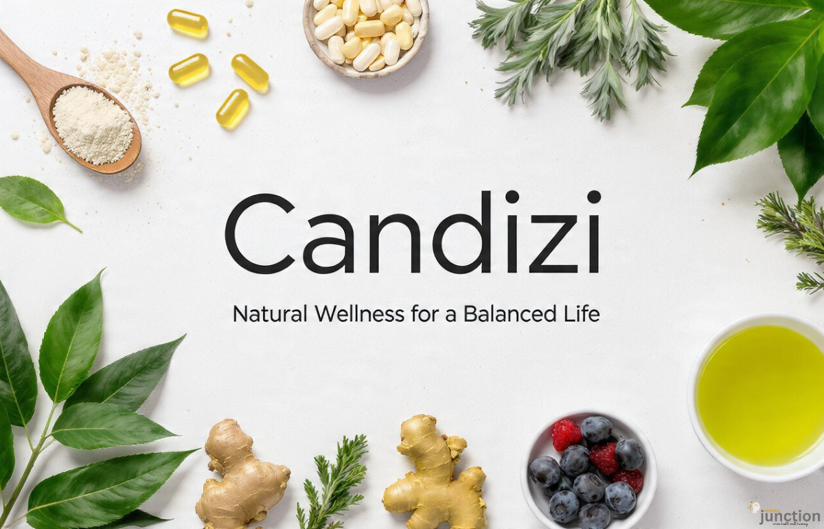Candizi natural wellness supplement with herbs, capsules, and healthy ingredients on a clean white background.