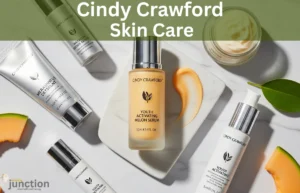 Cindy Crawford skin care products displayed with melon and serum, highlighting anti-aging beauty routine