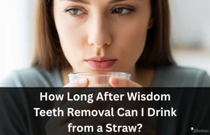 Close-up of a young woman holding a glass of water with text overlay 'How long after wisdom teeth removal can I drink from a straw?