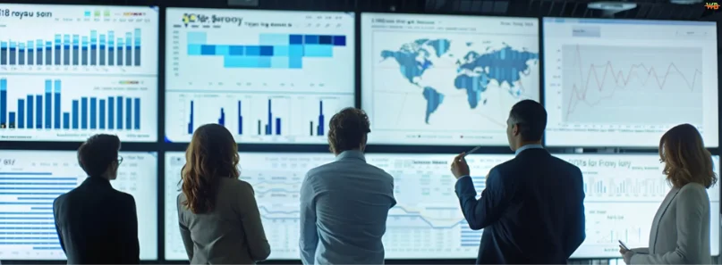 Business professionals analyzing graphs and data on a large screen for strategic decision-making on expense integration.