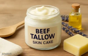 Beef Tallow Skin Care: A Remarkably Nourishing Choice Beef tallow skin care cream in glass jar with natural ingredients like beeswax, oil, and lavender on wooden background