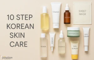 Flat lay of 10 step Korean skin care products on beige background with labeled bottles including cleanser, toner, essence, and sunscreen.