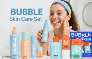 Bubble Skin Care Set Review: Surprisingly Effective Young woman applying Bubble Skin Care Set with bottles of cleanser, moisturizer, and serum arranged on a white bathroom counter.