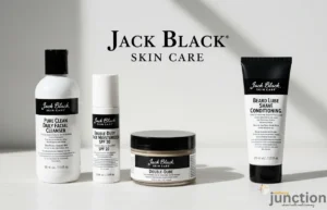 Jack Black Skin Care products arranged on a clean white background, featuring Pure Clean Daily Facial Cleanser, Double-Duty Face Moisturizer SPF 20, and Beard Lube Conditioning Shave.
