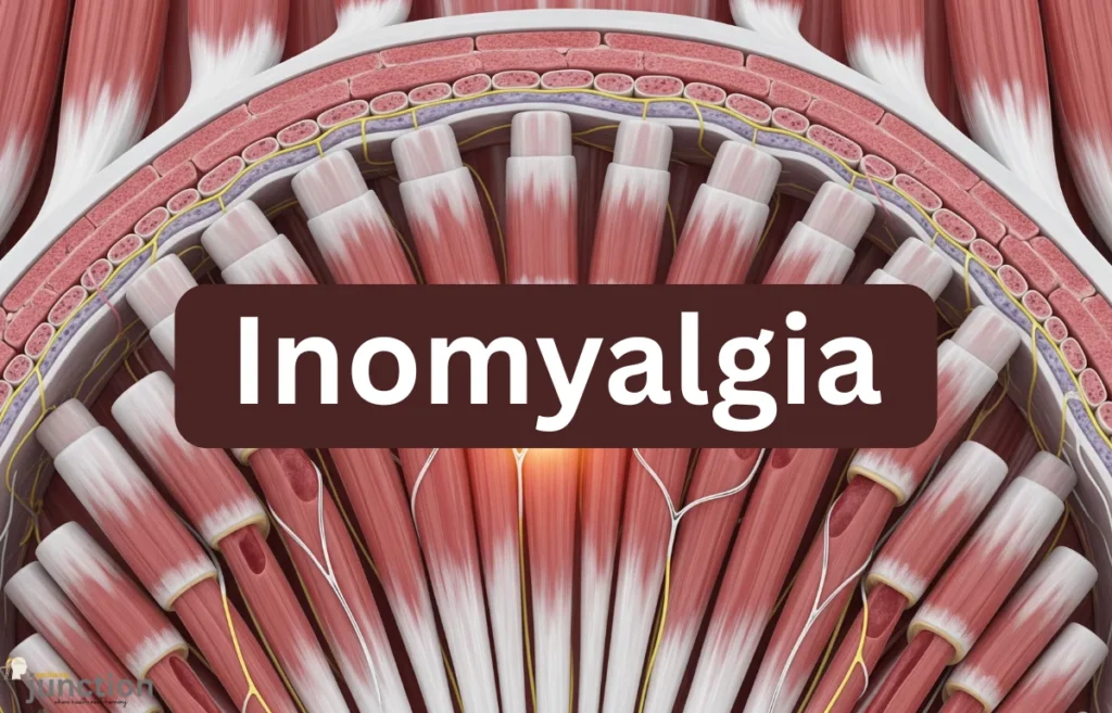 A detailed anatomical illustration of deep muscle tissue, showing red muscle fibers and connective tissue layers, with a central glowing area indicating inflammation or discomfort, relevant to Inomyalgia.