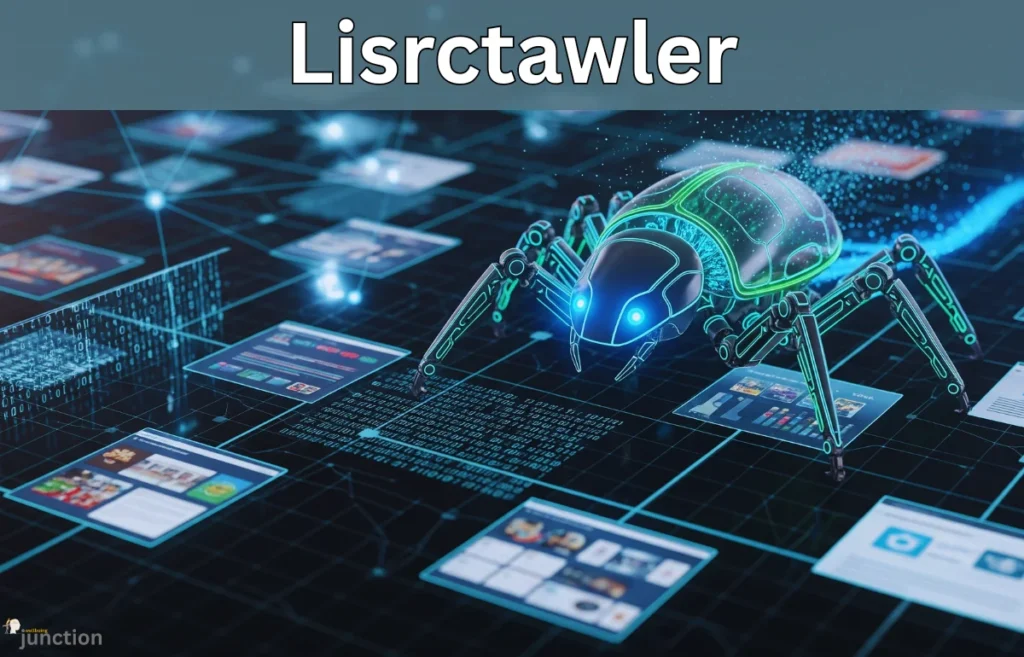 A futuristic AI crawler bot, "Lisrctawler," navigates a glowing digital grid of websites and data streams, symbolizing powerful web crawling and data analysis.