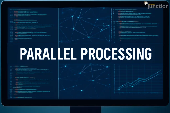 Parallel processing visualization on a computer screen with code blocks, network connections, and a performance graph, illustrating multitasking in software.