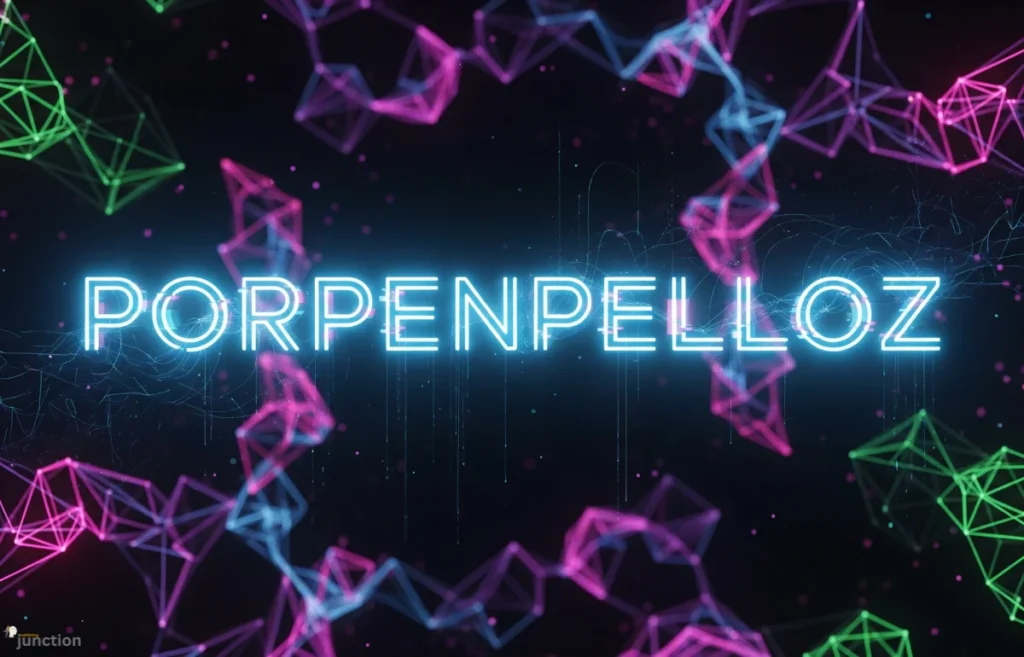 Porpenpelloz: Abstract digital art with glowing neon text and futuristic geometric patterns.