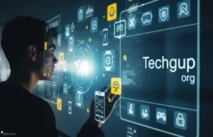 Person interacting with a futuristic, intuitive tech interface displaying simplified charts and icons representing various tech topics, with "Techgup org" prominently featured.