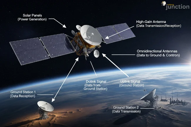Digital illustration of a satellite in orbit, with labeled elements showing solar panels, data transmission, and radio signals to Earth.