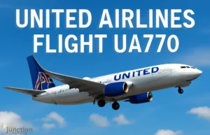 United Airlines Flight UA770 soaring through the sky, showcasing its iconic blue and gold livery, with clear skies and scattered clouds.