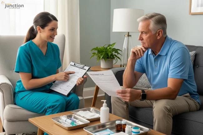 A healthcare professional discusses safety procedures for At-Home IV Treatment with a patient in a calm, home environment.