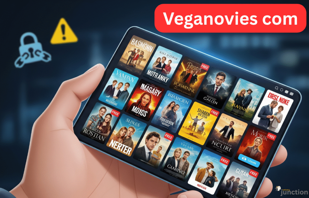 A hand holds a tablet displaying a grid of movie titles with 'FREE' tags, accompanied by subtle broken padlock and warning icons in the background, representing the convenience and potential risks of platforms like Veganovies com for free movie streaming and downloads.