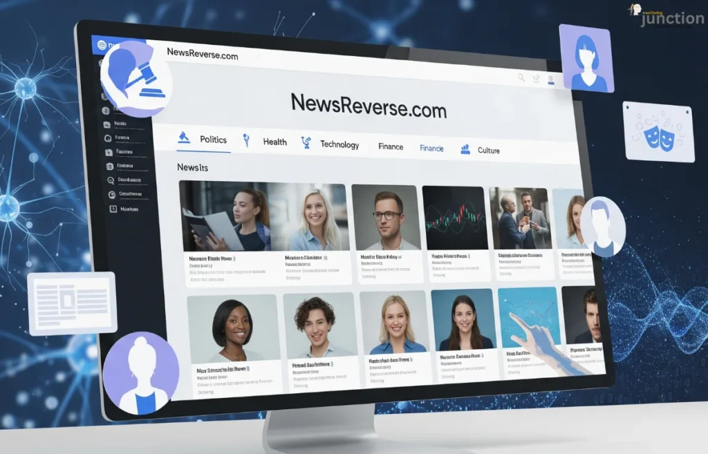 A digital interface on a screen with news articles and feeds, prominently featuring the NewsReverse com brand.