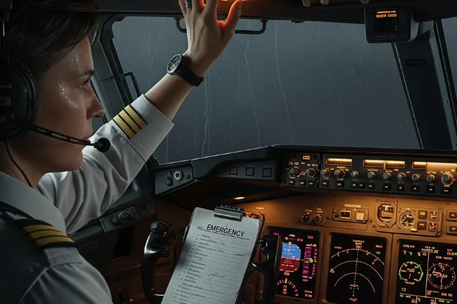 Pilot operating the backup systems in the cockpit of a commercial jet, interacting with avionics displays and flight control panels.