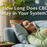 A person relaxing on a couch in a calm, home environment, with a bottle of CBD oil nearby, illustrating the topic of 'How Long Does CBD Stay in Your System?'