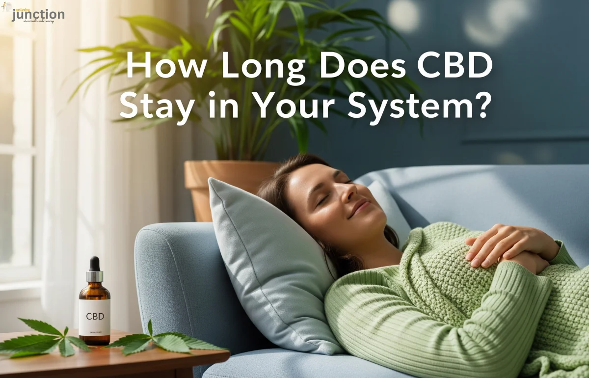 A person relaxing on a couch in a calm, home environment, with a bottle of CBD oil nearby, illustrating the topic of 'How Long Does CBD Stay in Your System?'