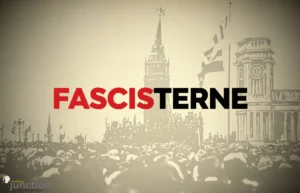 Silhouette of an authoritarian figure with the bold word 'Fascisterne' in large letters, symbolizing the oppressive nature of fascism in 20th-century propaganda.