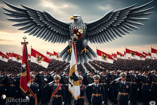 Propaganda-style illustration featuring a uniformed soldier, a large eagle emblem, and a crowd of individuals, symbolizing the core ideologies of fascism and unity.