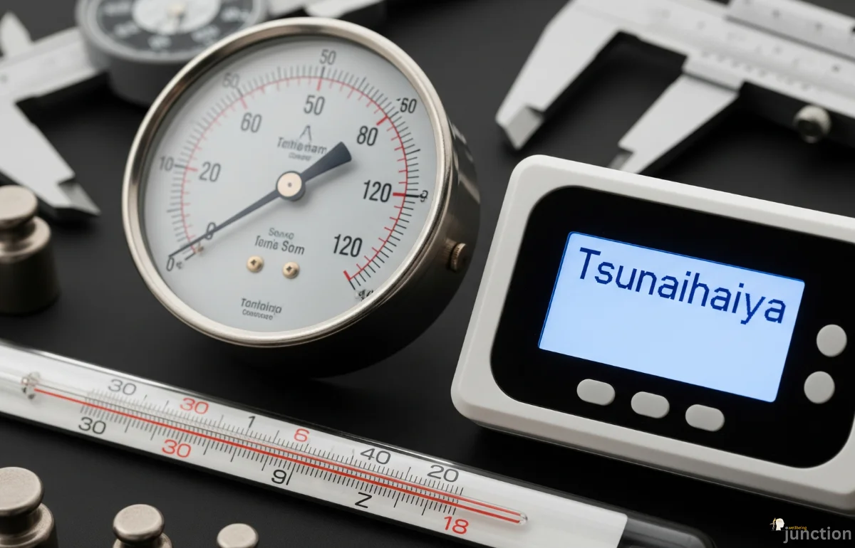 Kalibraatio - Close-up of calibration tools including a multimeter, thermometer, pressure gauge, and caliper, highlighting precision and accuracy.