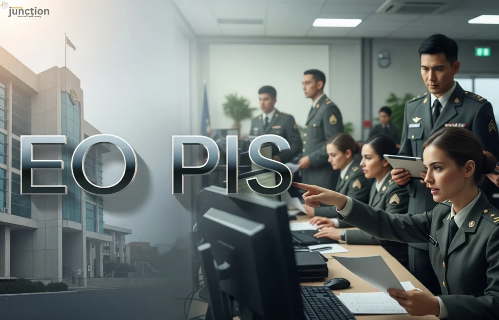 EO PIS: Government building and military personnel working on personnel information systems