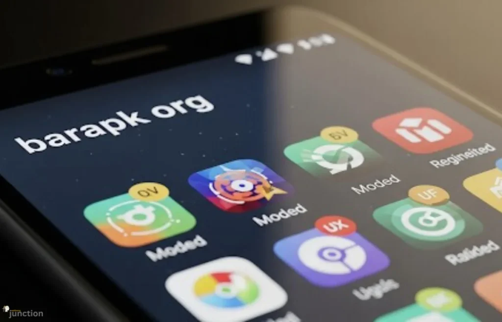 Smartphone screen displaying various app icons, some indicating modded or region-restricted apps, with "barapk org" prominently shown.