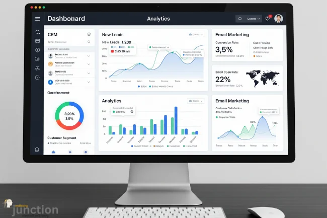 Business software dashboard displayed on a laptop, showing integrated tools like CRM, analytics, and performance charts to streamline operations.