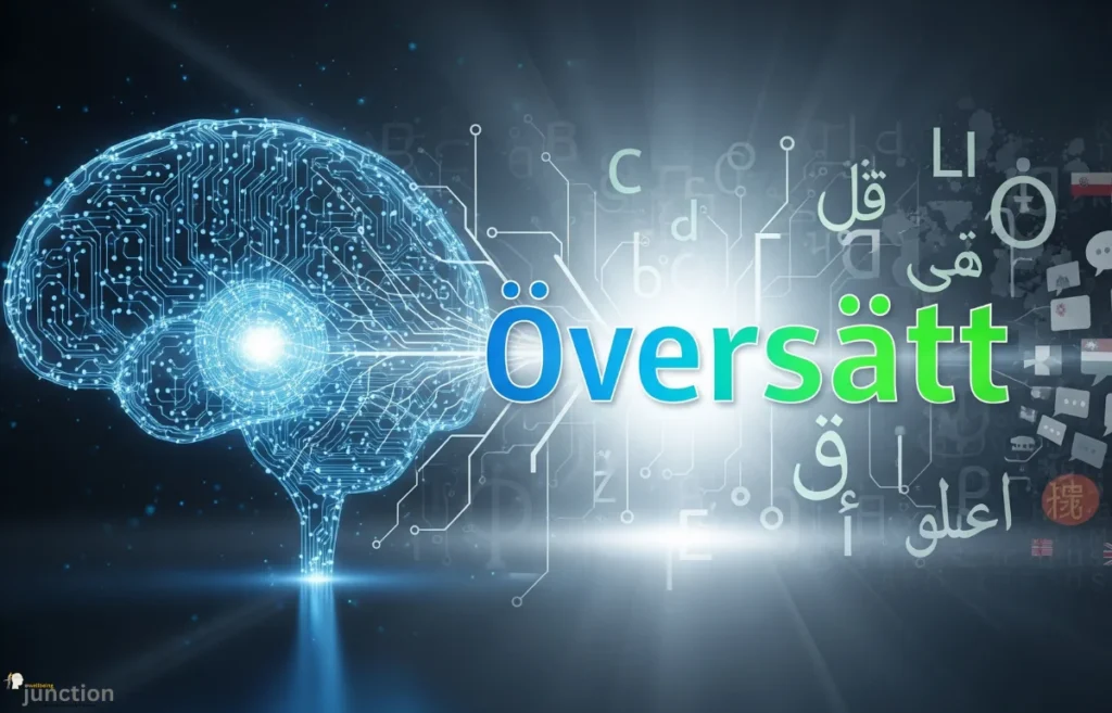 Övrrsätt: AI brain connecting with global languages and symbols, representing technology bridging linguistic gaps.