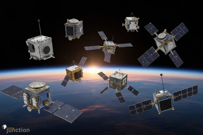 Digital illustration of four CubeSat satellites in space, showcasing their compact design with solar panels, symbolizing the future of miniaturized satellite technology.