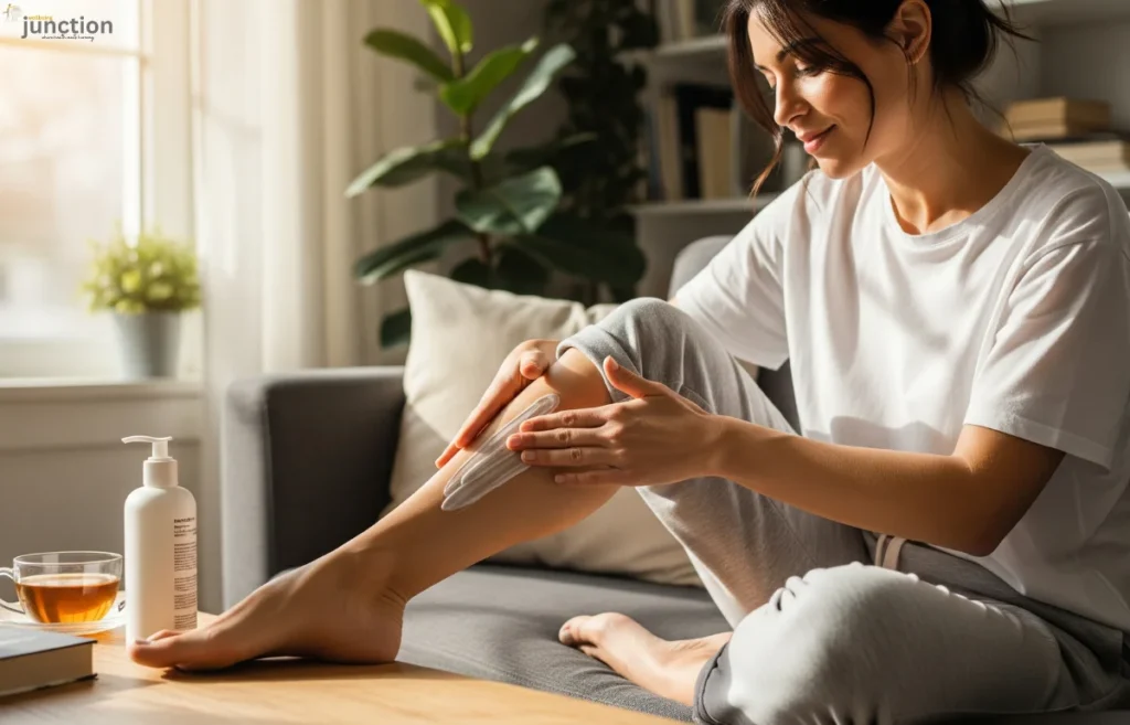 A woman in comfortable clothing applying a moisturizing lubricant (lotion) to her leg as part of a calming and mindful self-care routine.