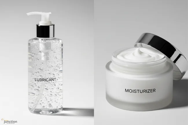 Lubricants and moisturizers comparison showing gel and cream textures side by side