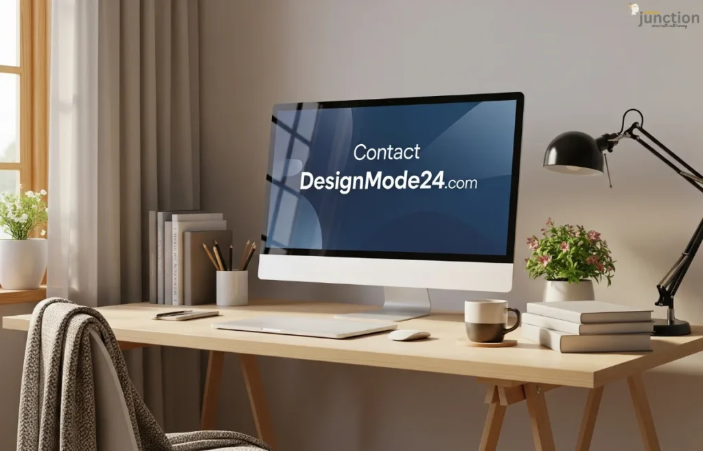 Contact DesignMode24 com – stylish home office workspace with laptop, plants, and cozy décor for modern interior design collaborations.