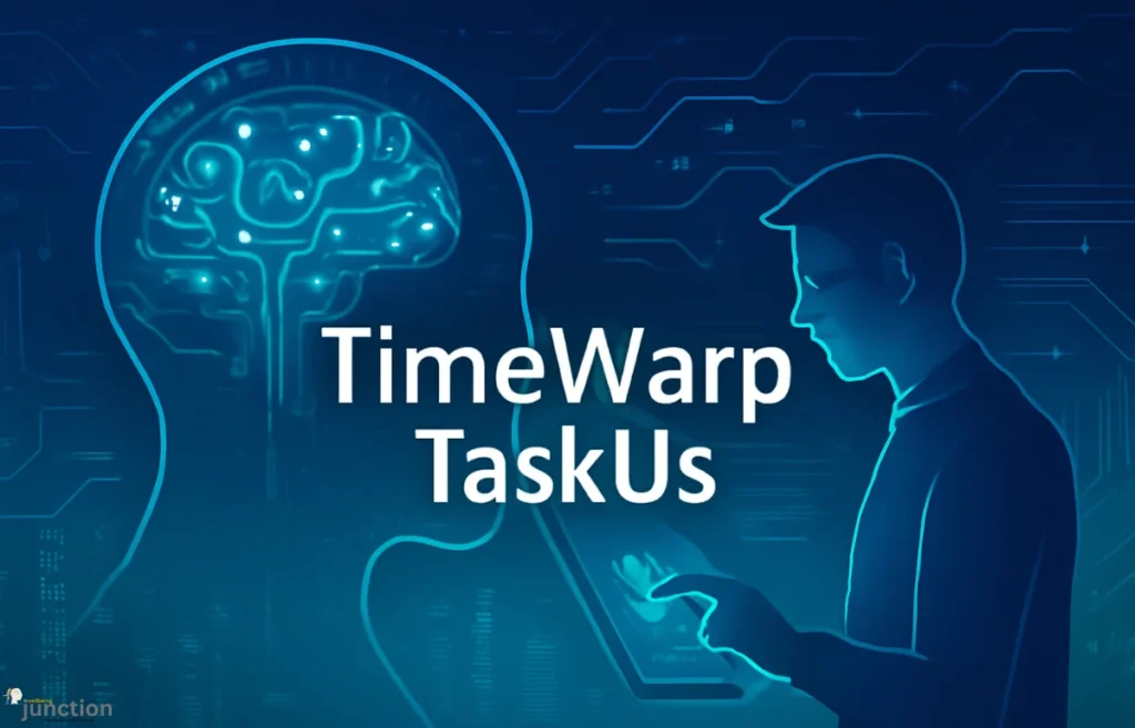 TimeWarp TaskUs AI-powered customer service platform with digital brain and human interaction illustration