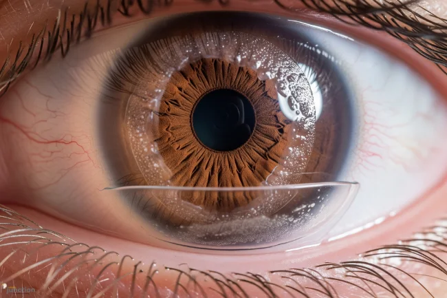 a person's eye with a contact lens, showing tear film disruption and reduced moisture to visually explain discomfort