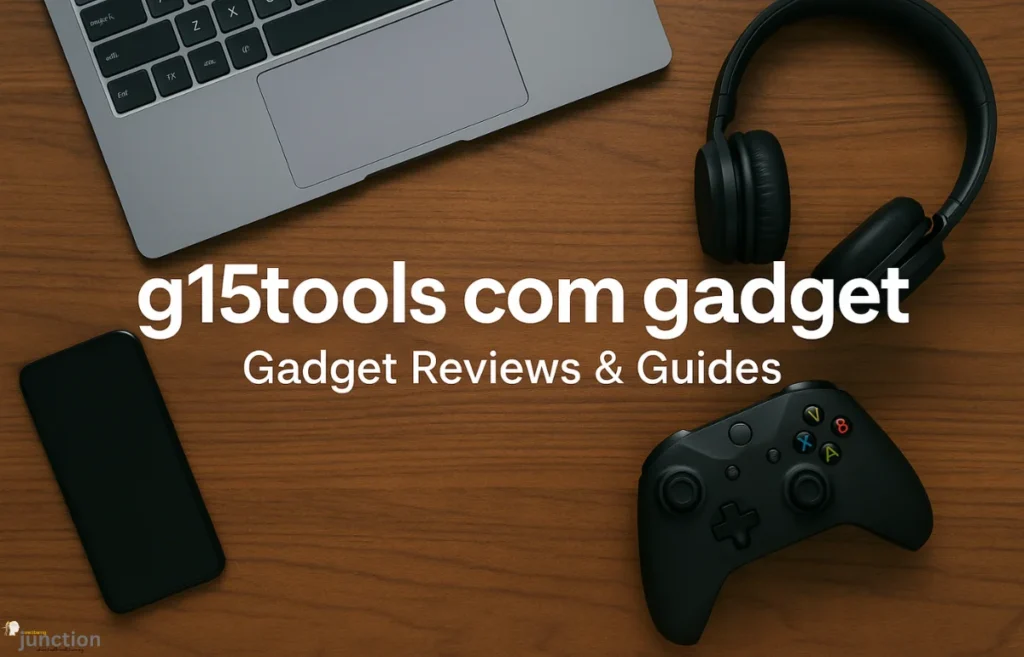 Flat lay of tech devices including laptop, smartphone, headphones, and gaming controller with text g15tools com gadget for reviews and guides