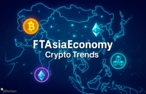 FTAsiaeconomy Crypto Trends illustrated with a digital Asia map, Bitcoin, Ethereum, and blockchain icons highlighting Asia’s crypto growth.