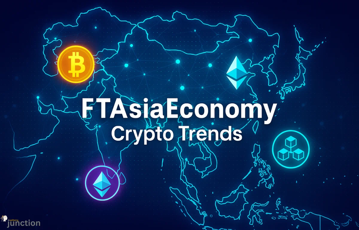 FTAsiaeconomy Crypto Trends illustrated with a digital Asia map, Bitcoin, Ethereum, and blockchain icons highlighting Asia’s crypto growth.