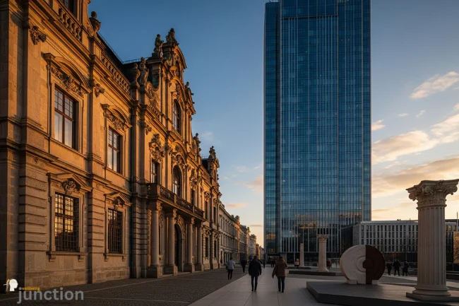 Historic red brick building standing in front of modern glass skyscrapers, symbolizing the balance between historical preservation and modern development.
