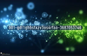 001-gdl1ghbstssxzv3os4rfaa-3687053746: Abstract digital design representing complex data systems and unique identifiers with interconnected nodes and binary code.