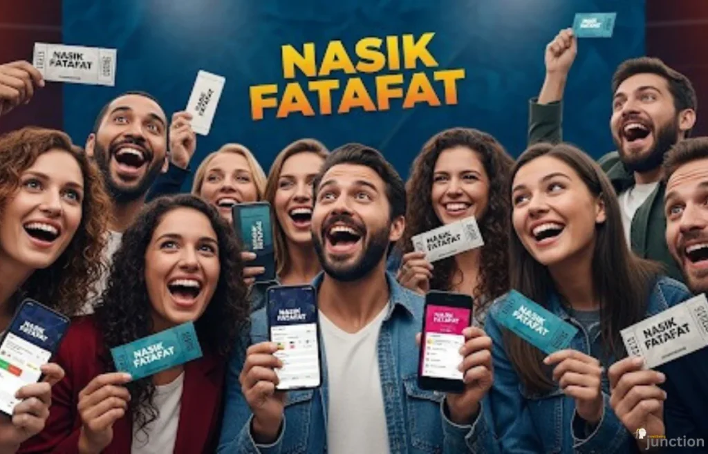 Excited players celebrating Nasik Fatafat lottery results with tickets and mobile phone.