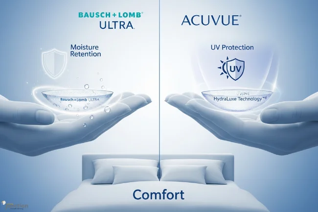 Comparison of Bausch and Lomb Ultra and Acuvue contact lenses, showing key features like moisture retention and UV protection.