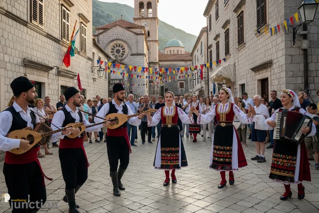 Traditional cultural performance in Kotor, featuring dancers in vibrant costumes with an enthusiastic audience clapping along in a historic European square.