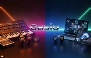 Casîo: A vibrant split image showcasing vintage Casîo technology like a retro keyboard, watch, and calculator on the left, and modern digital devices like a laptop, smartwatch, and tablet on the right, with neon accents symbolizing the fusion of past and future.