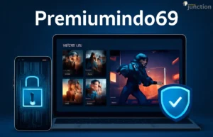 Premiumindo69 digital platform featuring a smartphone with a secure lock icon and a laptop displaying movie thumbnails, gaming scenes, and a security shield symbol, set against a tech-themed blue background.