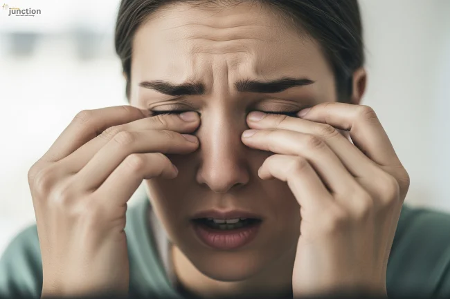 Young woman rubbing her eyes, experiencing discomfort from contact lens dryness and reduced blinking.